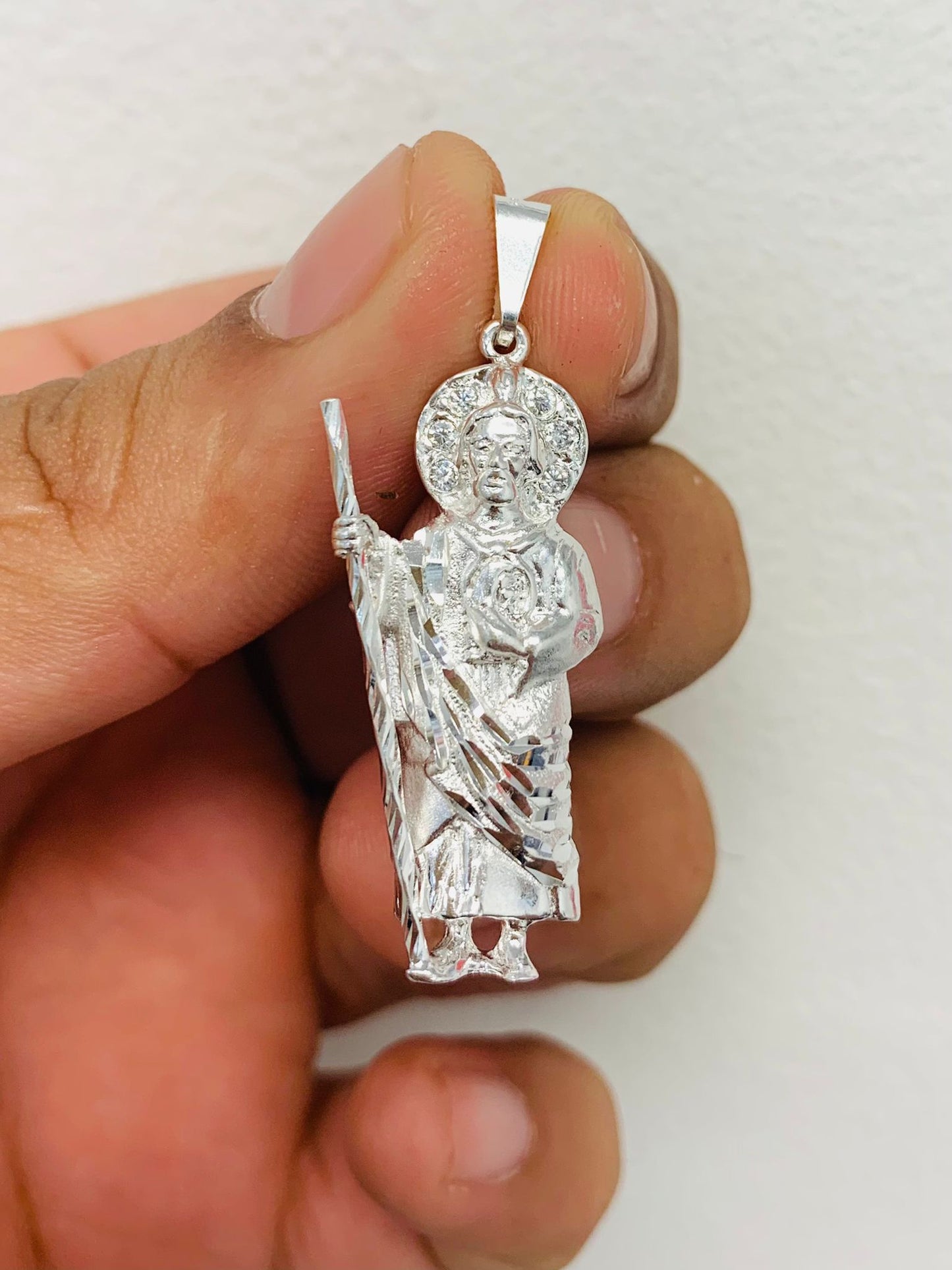 925 Sterling Silver CZ San Judas Pendant 1.5" 5g Unisex / Dije de San Judas en Plata Pura