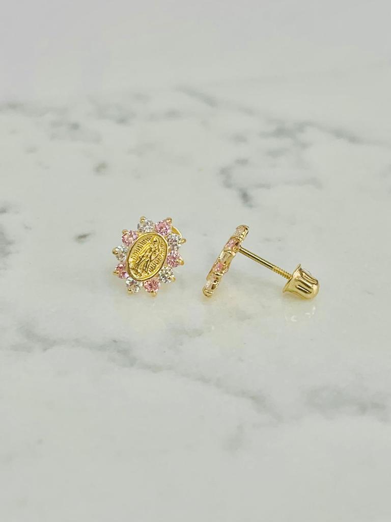 Pink Stone Guadalupe Earrings ● Virgen de Guadalupe Earrings 9x8mm ● Screw Back Earrings ● 10K Yellow Gold