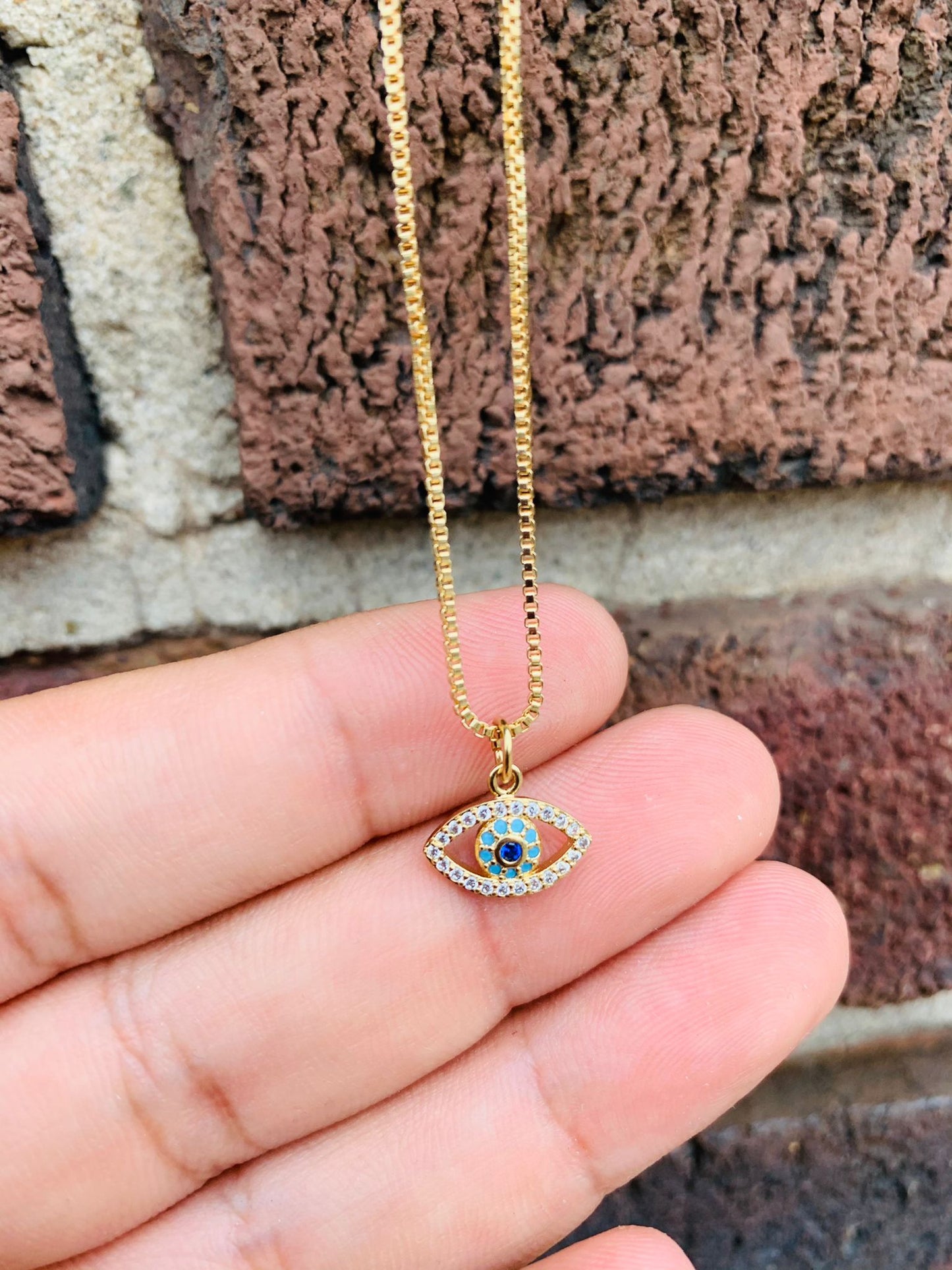 Evil Eye Necklace Pendant with Box Link Chain 20" for Womens Gold Filled Everyday Necklace Protection & Good Luck Jewelry / Cadena Dije de Mal de Ojo 10x13mm Para Mujer