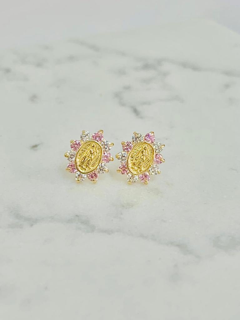 Pink Stone Guadalupe Earrings ● Virgen de Guadalupe Earrings 9x8mm ● Screw Back Earrings ● 10K Yellow Gold