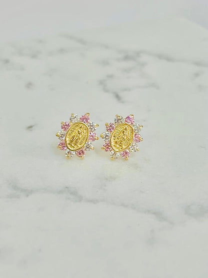 Pink Stone Guadalupe Earrings ● Virgen de Guadalupe Earrings 9x8mm ● Screw Back Earrings ● 10K Yellow Gold