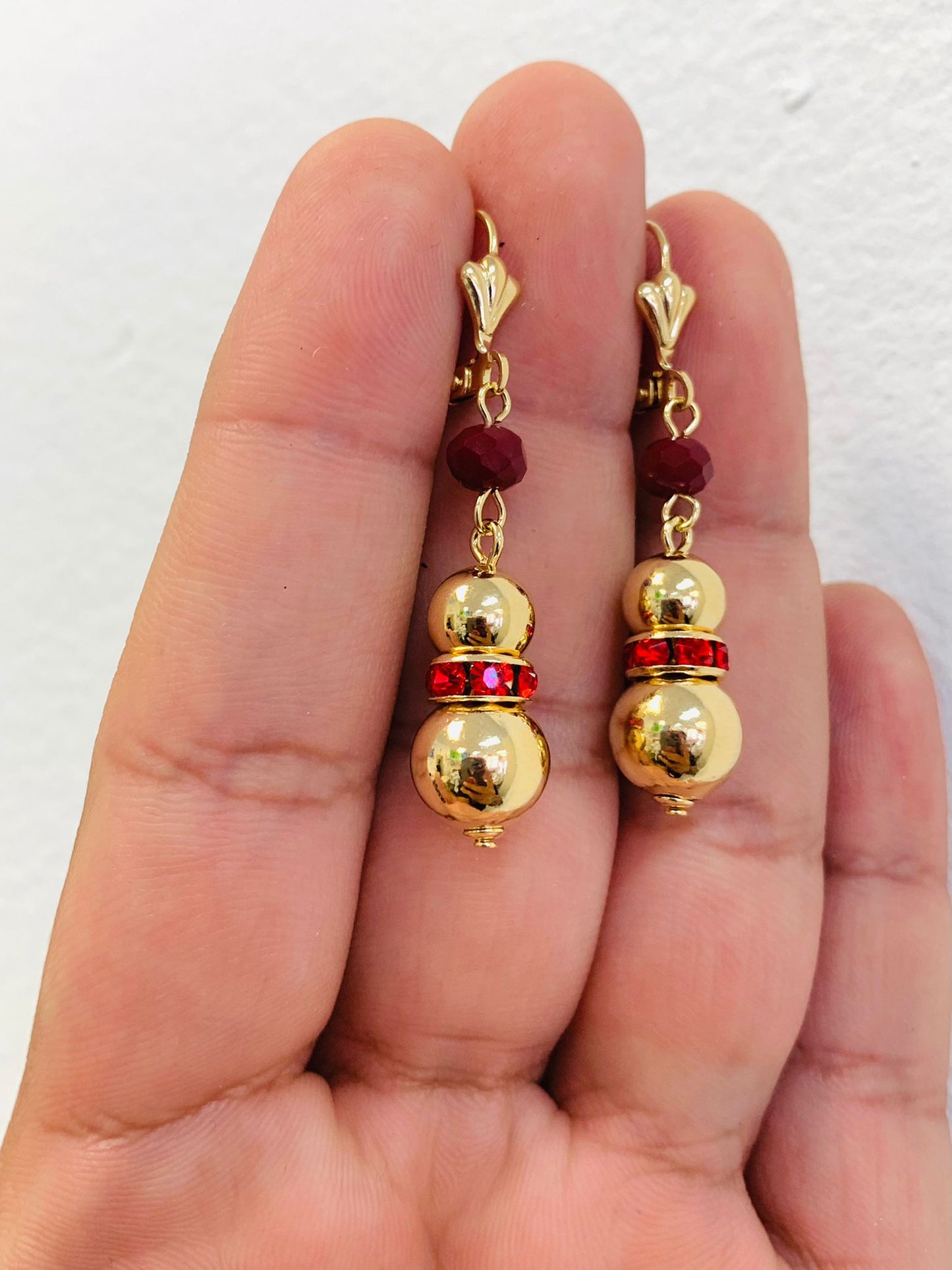 Gold Filled Dangle Ball Lever Back Earrings / Red Stones Earrings / Everyday Earrings for Womens / CZ Dangling Earrings / Aretes Colgantes de Oro Laminado