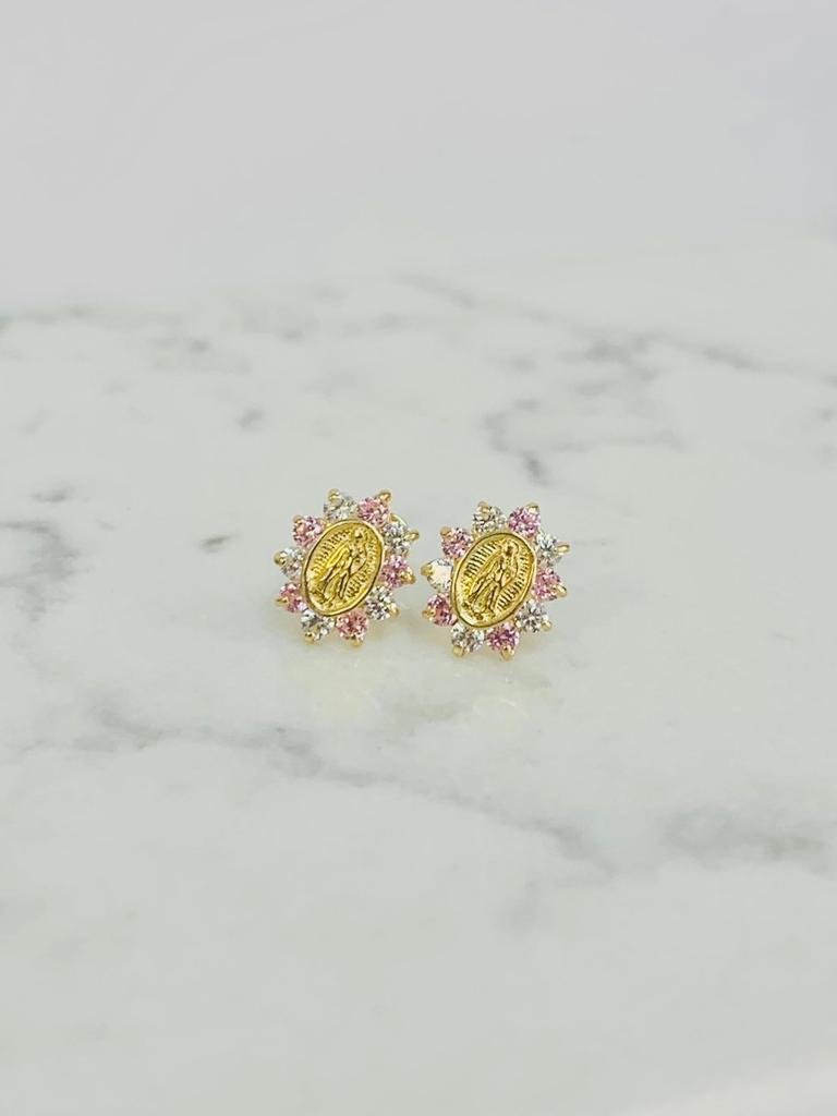 Pink Stone Guadalupe Earrings ● Virgen de Guadalupe Earrings 9x8mm ● Screw Back Earrings ● 10K Yellow Gold