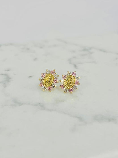 Pink Stone Guadalupe Earrings ● Virgen de Guadalupe Earrings 9x8mm ● Screw Back Earrings ● 10K Yellow Gold