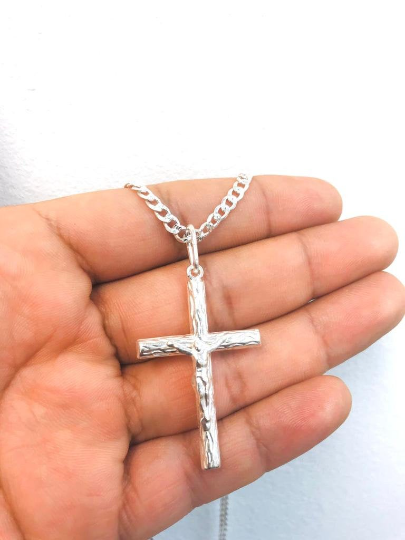 Men's Cross Necklace 24” Rustic Style Cross 925 Sterling Silver Cross Pendant