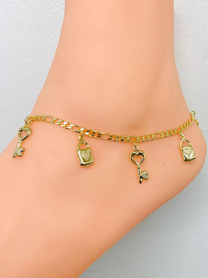 18K Gold Filled Key Lock Anklet Bracelet10" / Figaro Link Anklet Bracelet / Women's Bracelet / Tobillera Para Mujer en Oro Laminado / Pulsera de Pie / Bracelets / Anklets