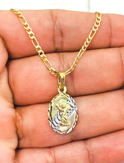 18K Gold Filled Tri-Color Diamond Cut Divino Niño Necklace 20" 20x13mm / Dije Tres Colores del Divino Niño con Cadena Figaro / Everyday Necklace Figaro Chain