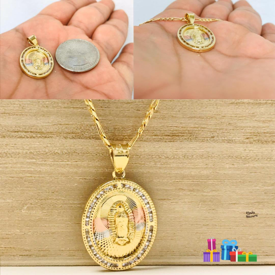 14K Gold Filled Virgen de Guadalupe Pendant Necklace 24x18mm CZ Stones Pendant / Dije de Guadalupe y Cadena Figaro Link