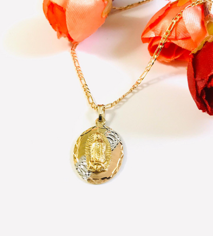 14K Gold Filled Tri-Color Guadalupe Necklace 20" Catholics Pendant 26x18mm , Dije de Guadalupe , Cadena Figaro Link, Regalos Navidad