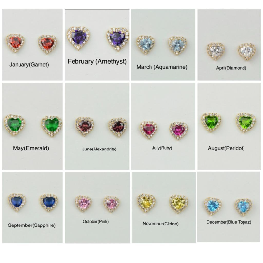 Everyday Dainty Heart Push Back Earrings in Solid Gold 14K For Womens Ladies / Gold Birthstones Earrings / Aretes de Corazón con Piedra de Nacimiento en Oro Solido Real