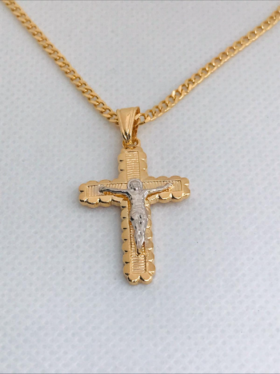 18K GF Classic Diamond Cut Cross Necklace,Cuban Link Chain 31x19mm