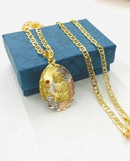 Womens Mens Dainty CZ Santa Barbara Necklace Pendant in Gold Filled / St Barbara Pendant Charm 33x22mm / Mariner Link Anchor Chain Necklace