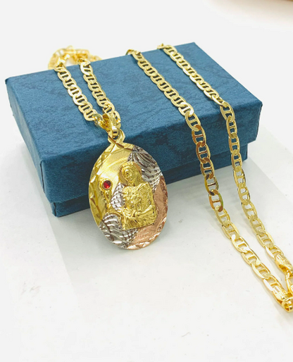 Womens Mens Dainty CZ Santa Barbara Necklace Pendant in Gold Filled / St Barbara Pendant Charm 33x22mm / Mariner Link Anchor Chain Necklace