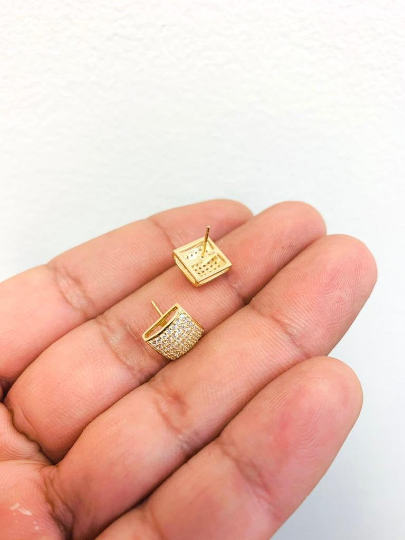 CZ Stud Gold Earrings Push Back / 10K Solid Yellow Gold Womens Earrings 9x9mm