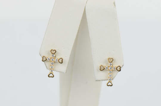 Screw Back CZ Cross Earrings 14K Yellow/White Gold Cross Earrings for Women