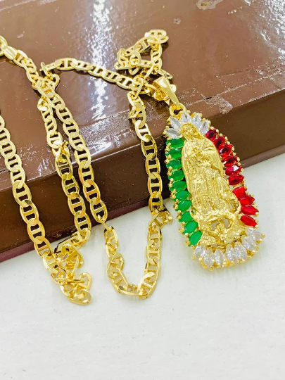 CZ Virgen de Guadalupe Necklace Mexican CZ Stones Pendant 44x20 in Gold Filled Guadalupe Charm Pendant Mariner Link Chain Dije de Guadalupe