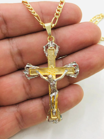 Two Tone Cross Necklace Charm Pendant for Mens 24" / Cross Charm Pendant 2x1.2" / Figaro Chain Necklace 3mm / Cadena de Cruz para Hombre