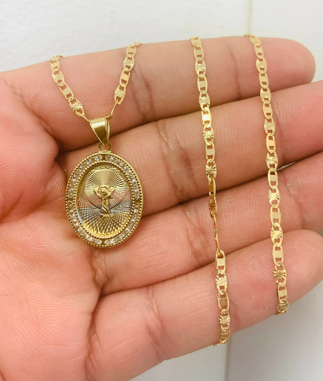 Baby Jesus Necklace Pendant Valentino Chain 18" for Womens Dainty Necklace with CZ Stones Around Medal / Dije del Divino Niño con Cadena de Oro Laminado / Divino Nino Necklace