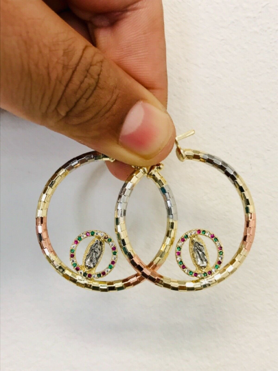 18k Real Gold Filled Tri-Color Virgen de Guadalupe Hoop Earrings 42x38mm