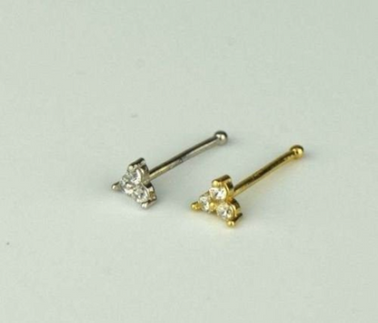 14K Yellow/White Gold Triple CZ Stone Nose Bone Piercing Stud Earrings