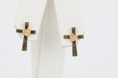 CZ Heart Cross Screw-Back Earrings for Womens Dainty Jewelry in 14K Solid Gold / Womens Tiny Stud Earrings / Aretes de Cruz de Oro Solido con Corazón / CZ Heart Earrings