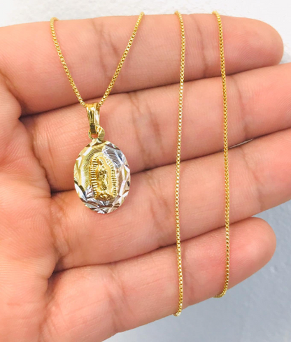 Virgen de Guadalupe Necklace in Gold Filled Guadalupe Charm pendant For Women, Box Link Chain 20” / Cadena de Guadalupe 20x13mm Tres Colores