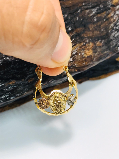 14K Gold Filled Our Lady of Guadalupe Hoop Basket Earrings 3 Color / Argollas de la Virgen de Guadalupe En Oro Laminado / Christmas Gift / Valentines Day Gift