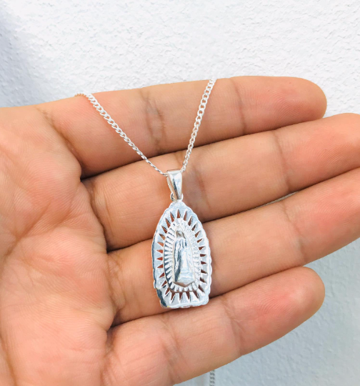 Virgen de Guadalupe Necklace 18” Sterling Silver For Women 28x13mm / Diamond Cut Guadalupe Necklaces / Cadena y Dije de la Guadalupe Plata Pura