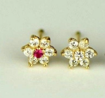 14k Yellow/White Gold Flower Nose Bone Ring Piercing Stud Ruby and Diamond CZ Stones / Aretes de la Nariz de Flor en Oro Real 14K Para Mujer Zirconia Cubica