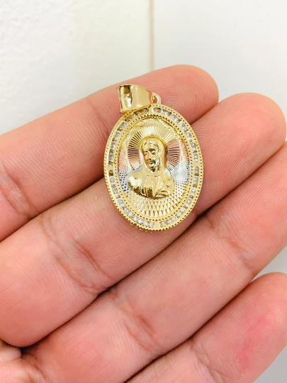 Virgin Mary Pendant CZ Stones for Women's Men's Tri Color Pendant / Dije de la Virgen Maria Oro 28x20mm / Gold Filled Dainty Virgin Pendant / Medalla de la Virgem Maria