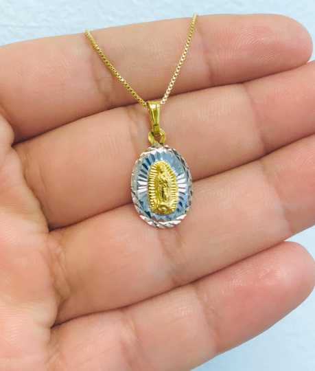 18K Gold Filled Diamond Cut Guadalupe Necklace Box Link 20x13mm 20"  / Cadena y Dije de Guadalupe