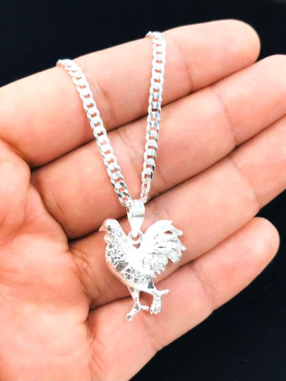 925 Sterling Silver Chicken Rooster Necklace, Rooster Pendant 26x22mm