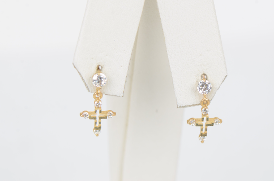 CZ Dangle Cross Earrings with Screw Back, Stud Earrings, in 14K Yellow/White Gold