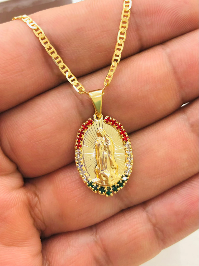 Virgen de Guadalupe Necklace for Womens CZ Mexican Flag Stones 25x15m/ Guadalupe Jewelry / Cadena de la Guadalupe en Oro Laminado Mujer