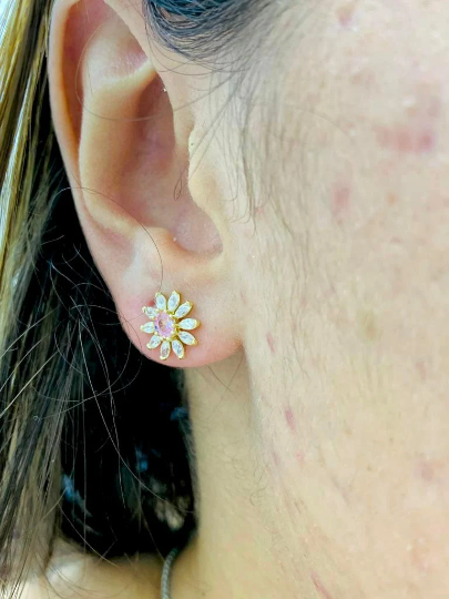 Flower Stud Earrings Pink Tourmaline Birthstone 14K Yellow Gold Earrings for Womens Girls Dainty CZ Screw Back Earrings 10x10 Aretes de Flor