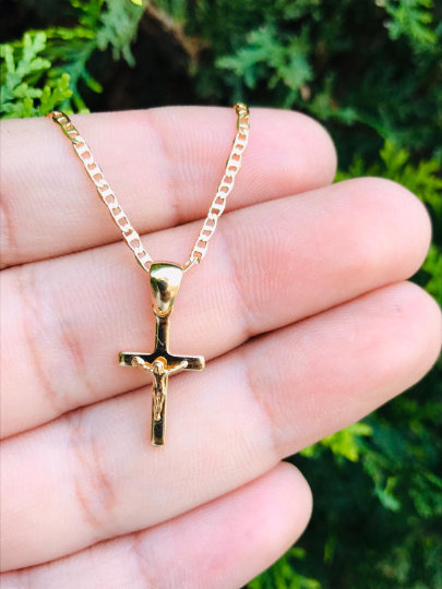 18K Gold Filled Cross Necklace, Mariner Link Chain, Flat Cross Pendants 19x11mm / Women's Cross Necklace / Cadena y Dije de Cruz Oro Laminado