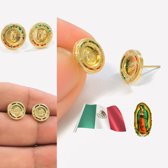 14K Gold filled Virgen de Guadalupe Earrings Screw Back Stud Earrings 10x10mm / Mexican Flag Earrings / Womens Earrings / Aretes de Guadalupe en Oro Laminado