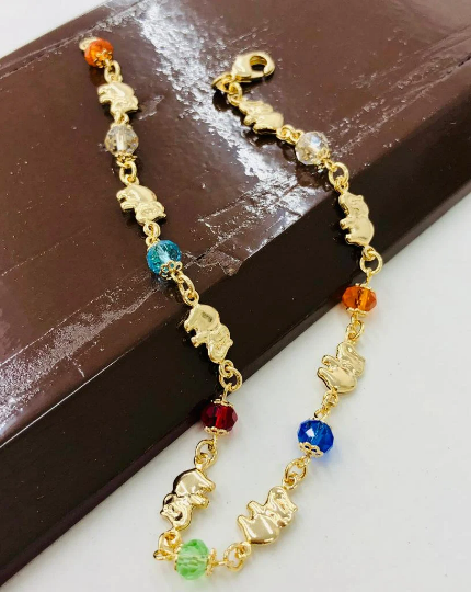 Pulsera de Pie en Oro Laminado para Mujer de Elefante/ Everyday Anklet Bracelet/Elephant Anklet bracelet 10"/Multicolor Stones/Foot Bracelet