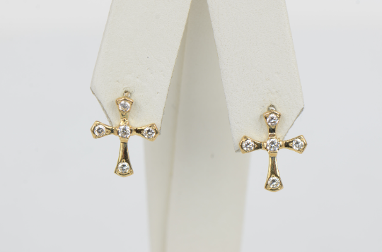 14K Yellow/White Gold Crucifix Earrings Screw Back, Cross Gold Earrings, CZ Stud Earrings