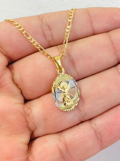 Divino Niño Necklace Pendant with Figaro Link Chain Gold Filled Dainty Tiny Necklace 20" Dije Tres Oros Del Divino Niño Baby Jesus Necklace 20x13mm