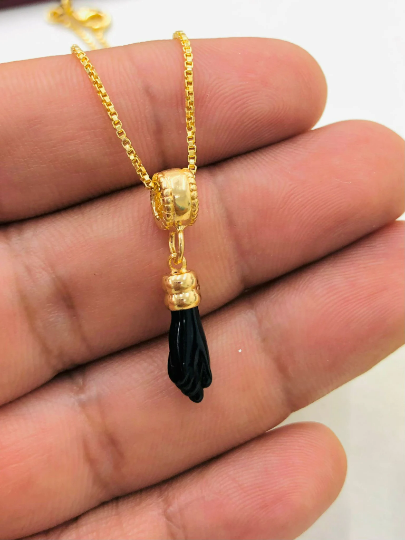 14K Yellow Gold Filled Black Azabache Hand Necklace with Box Chain 20" for Women's / Protection Jewelry/ Dainty Necklace/ Cadena de Azabache