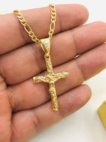 Rustic Cross Necklace for Mens Figaro Chain 36x23mm/Figaro Chain Necklace 24/Mens Cross Necklace/Cadena Y Dije de Cruz Oro Para Hombre
