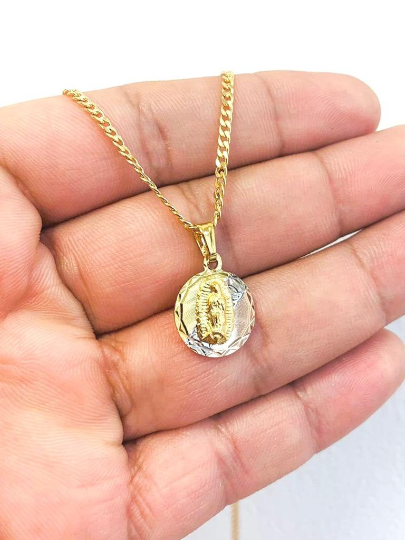 18K Gold Filled Virgen de Guadalupe Necklace 20" 17x14mm Cuban Link Chain / Everyday Necklace for Womens / Cadena Cuban Link con Dije de la Guadalupe en Oro Laminado