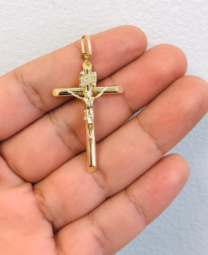 INRI-14K Yellow Gold Classic Cross Pendant With Jesus Christ 44x26mm