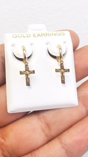 Cross Dangling Earrings / 10K Yellow Gold Jesus Cross Dangling Earrings