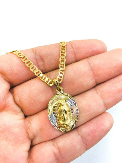 14K Gold Filled Virgen de Guadalupe Tri-Color Necklace Pendant 20" 20x13mm / Cadena y Dije de la Virgen de Guadalupe / Everyday Necklace / Dainty Guadalupe Pendant