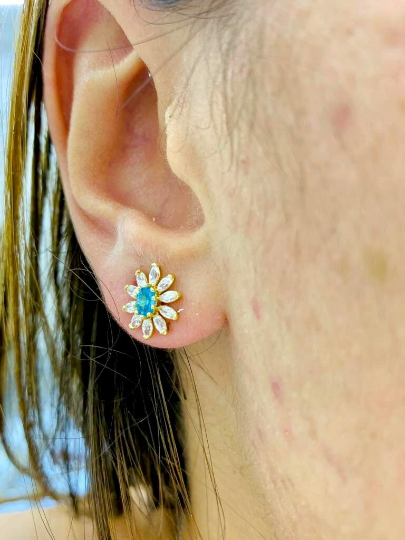 Dainty Birthstones Earrings Flower CZ Turquoise Stones 14K Yellow Gold Stud Earrings 10x10 for Womens Tiny Everyday Earrings Womens Jewelry