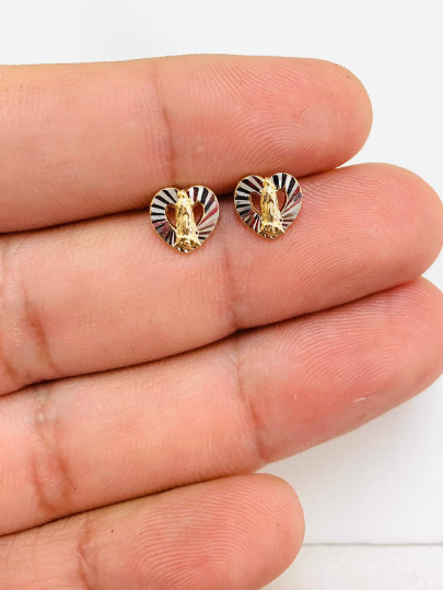 14K Yellow/White Gold Virgen de Guadalupe Heart Baby Earrings Screw Back Two Tone 8x8mm