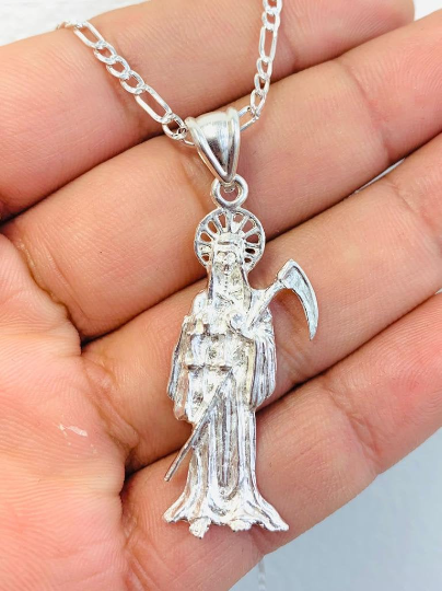 925 Sterling Silver Santa Muerte Necklace Figaro Link 24" 43x18mm 2.7mm 10g