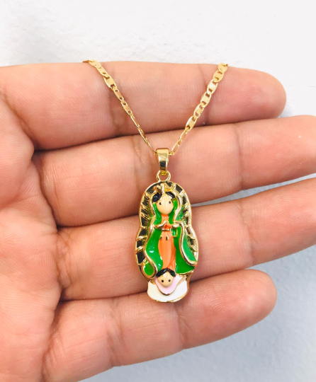 14K Gold Filled Guadalupe Necklace 16", Kids Version Virgen de Guadalupe Pendant